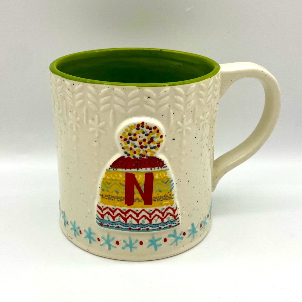 Anthropologie Bundled Up Mug Monogram Letter N Hat Touque Like New